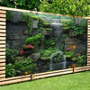 A vertical wall hanging featuring a stone facade covered in lush green vines and a cascading waterfall over a pond.