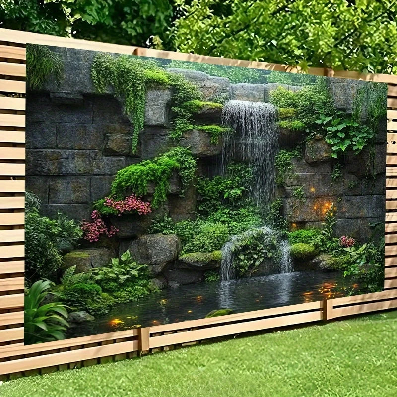A vertical wall hanging featuring a stone facade covered in lush green vines and a cascading waterfall over a pond.