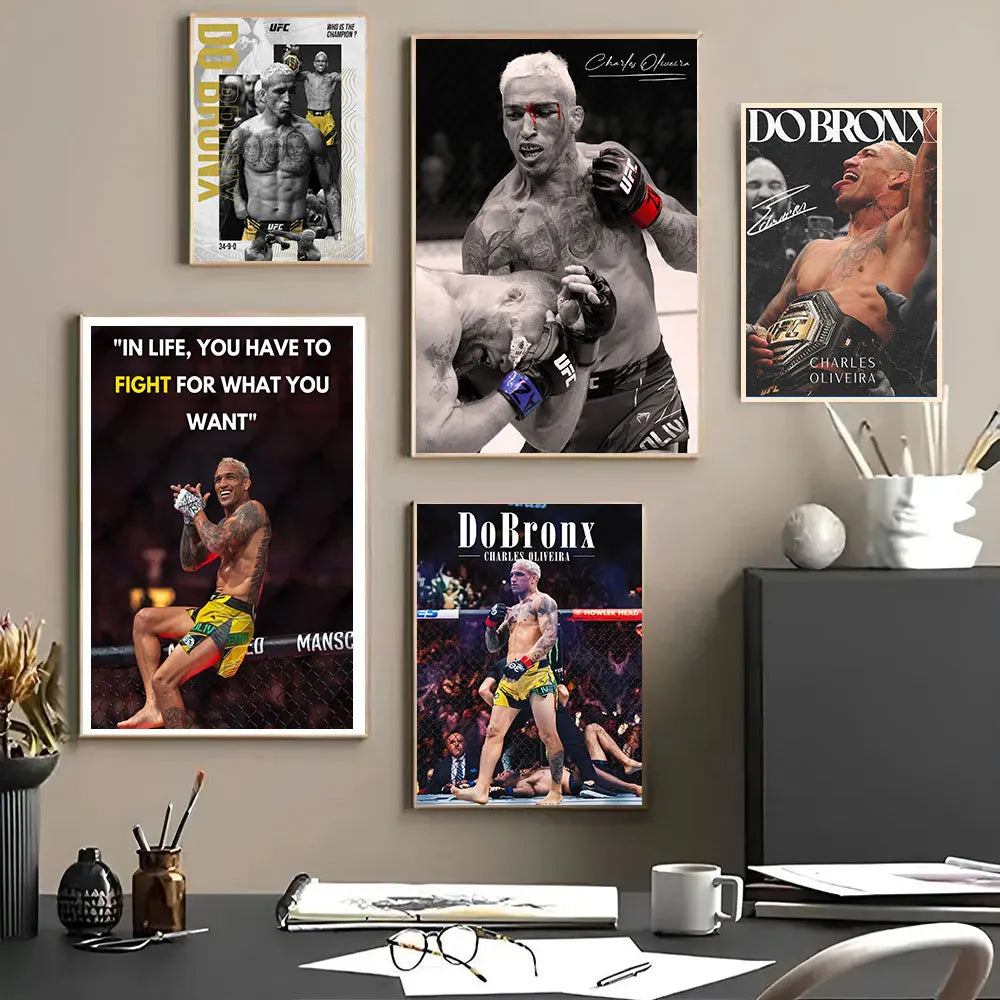 A collection of canvas posters featuring Charles Oliveira in various martial arts poses and fight scenes.