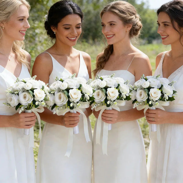 Five brides in white dresses holding bouquets of white roses and greenery