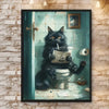 A black cat sitting on a toilet with a quote written on paper, displayed in a framed poster.