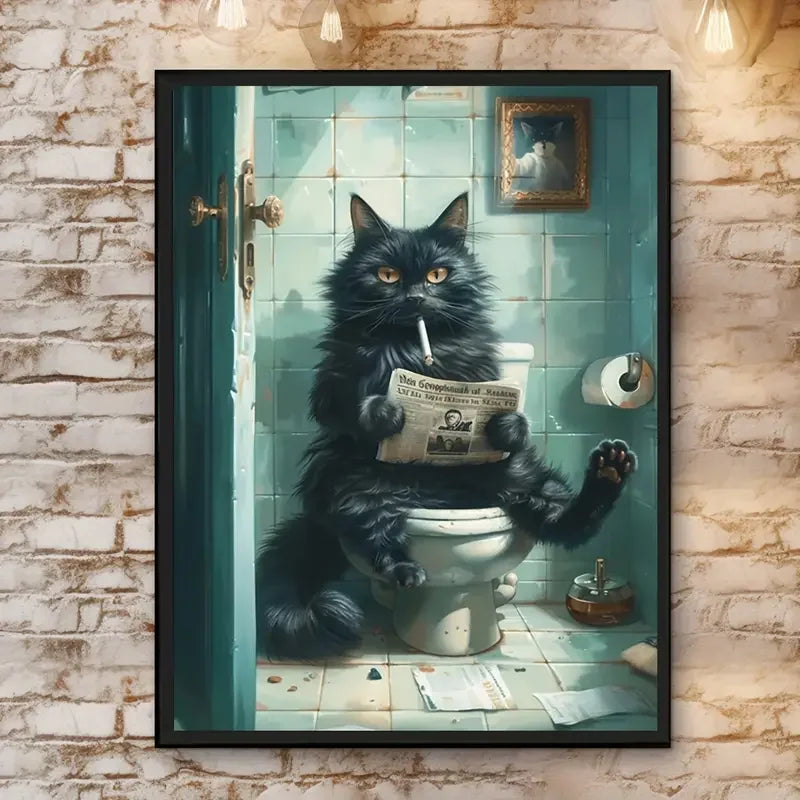 A black cat sitting on a toilet with a quote written on paper, displayed in a framed poster.