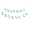 A banner decoration spelling out HAPPY BIRTHDAY made of light blue and white patterned paper flags