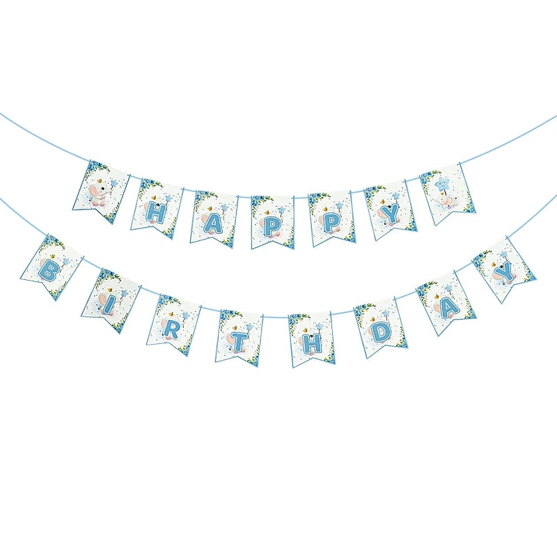 A banner decoration spelling out HAPPY BIRTHDAY made of light blue and white patterned paper flags