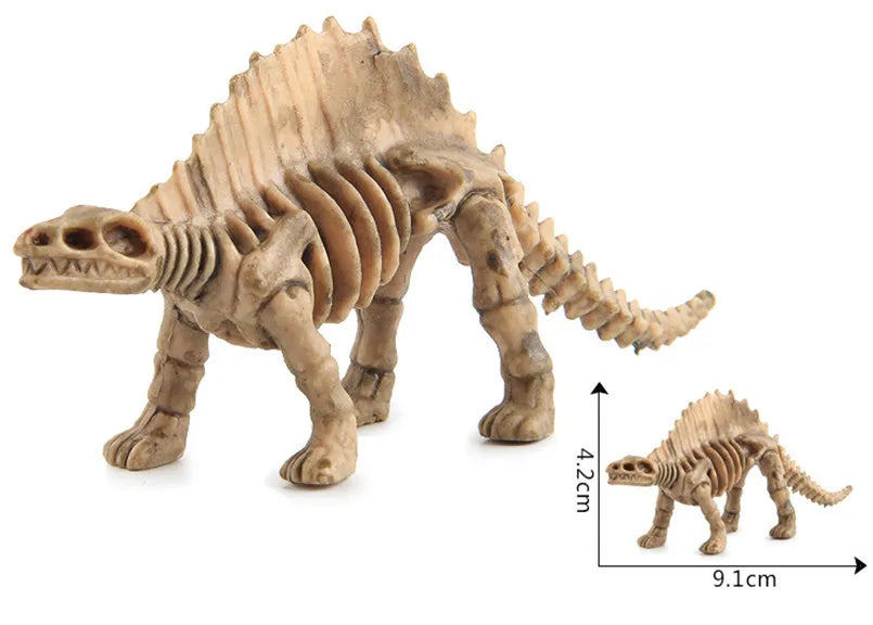 A light brown dinosaur skeleton model showing the full body and legs, with a scale indicating its size.