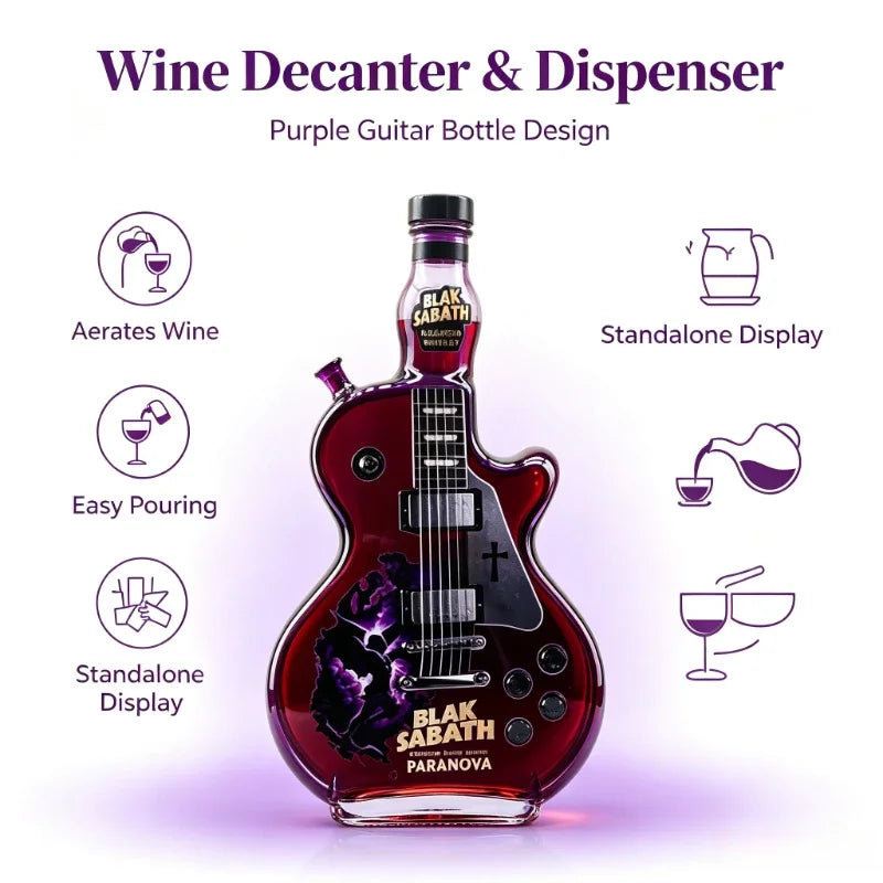 Purple guitar-shaped wine decanter and dispenser for whiskey featuring a Black Sabbath design