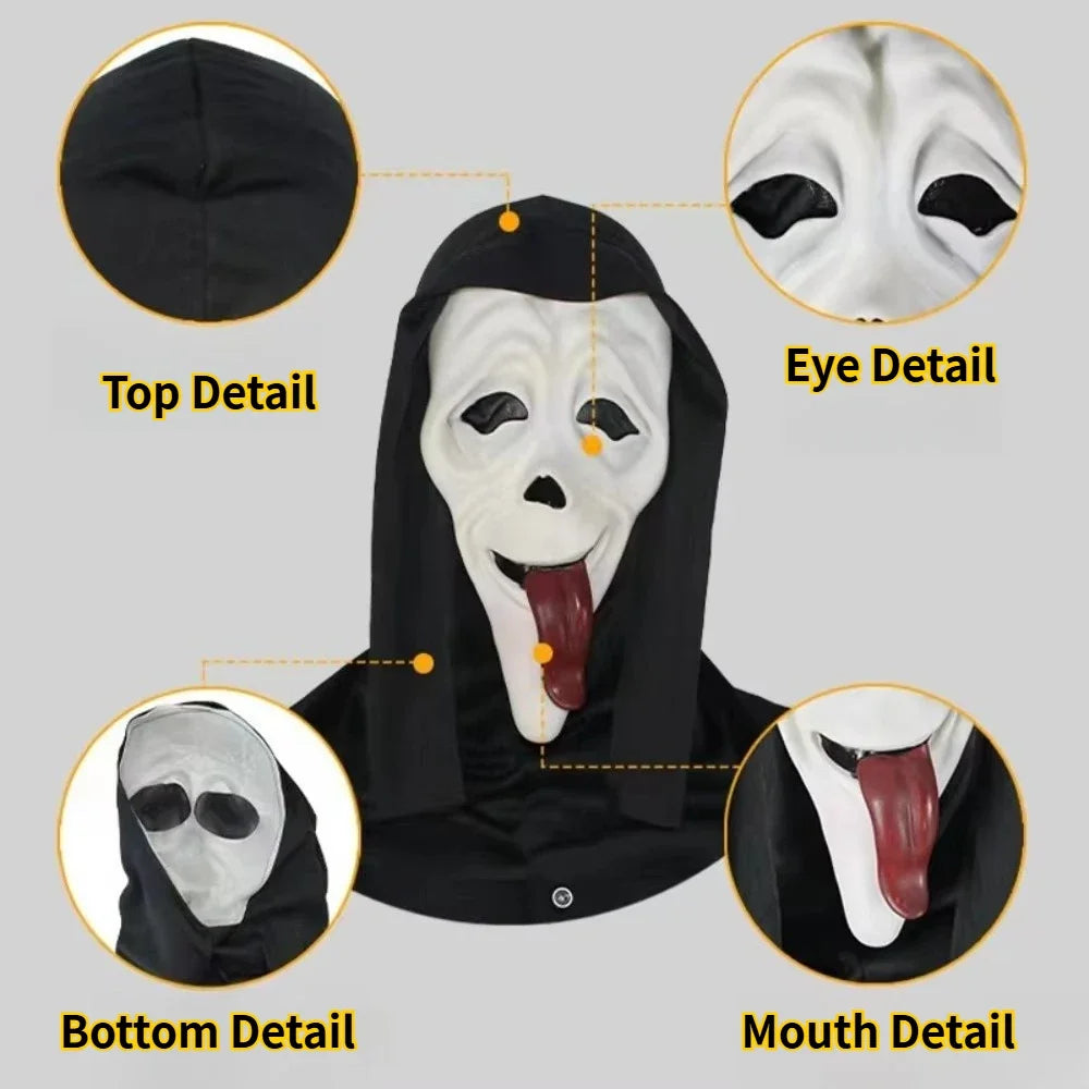A black horror mask with a white face, featuring details like the eye, mouth, and bottom parts.