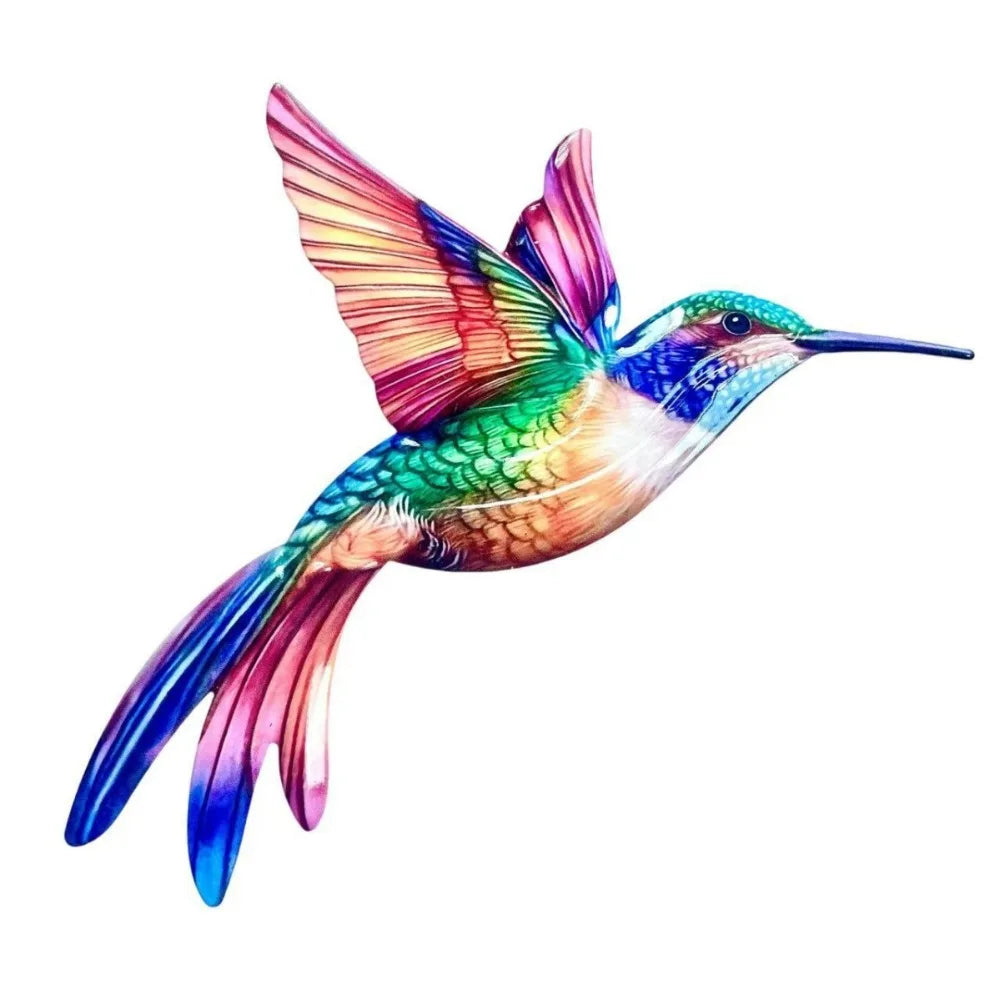 Vibrant iridescent hummingbird wall art featuring brilliant pink, green, and blue feathers.
