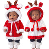 A Christmas doll outfit set featuring a red and white fur-trimmed coat with a hood for 43cm and 18-inch dolls