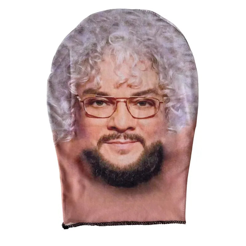 A close-up of a person wearing a gray, curly wig and glasses, shown on a double-sided full face balaclava mask.