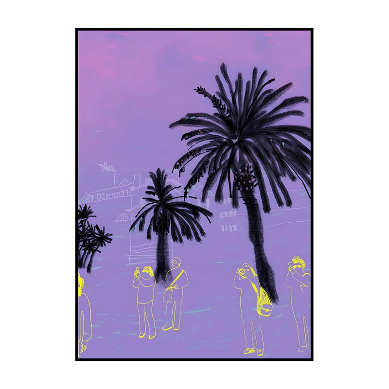 A painting depicting a silhouette of a palm tree against a purple sky with figures below.