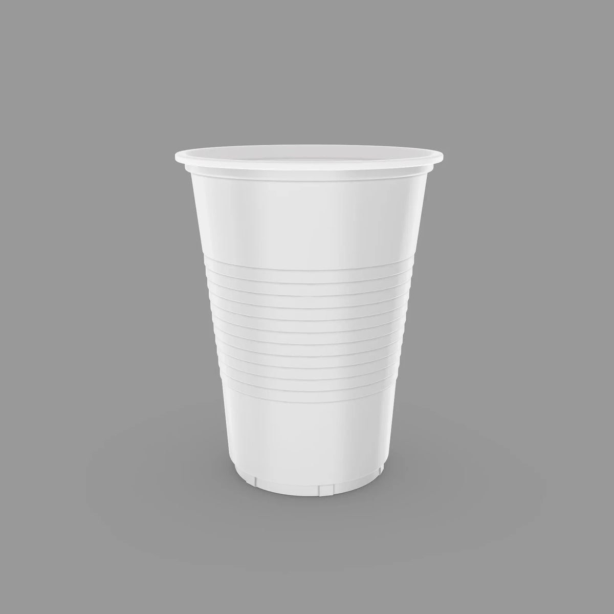 A white disposable party cup is shown against a gray background.