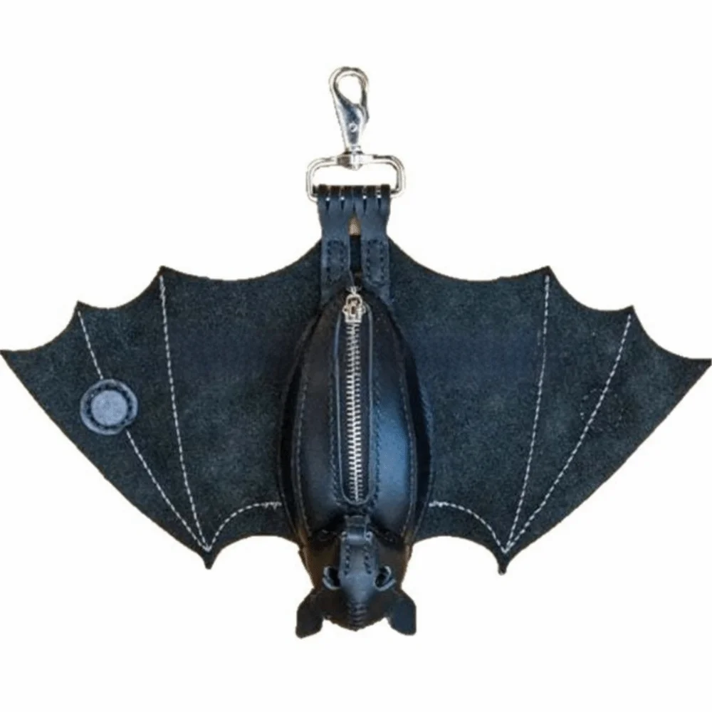 Black leather bat-shaped wallet keychain with a zipper coin purse