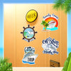 A set of four magnetic cruise door decorations including a yellow number sign, a ship emblem, and a family trip sign.