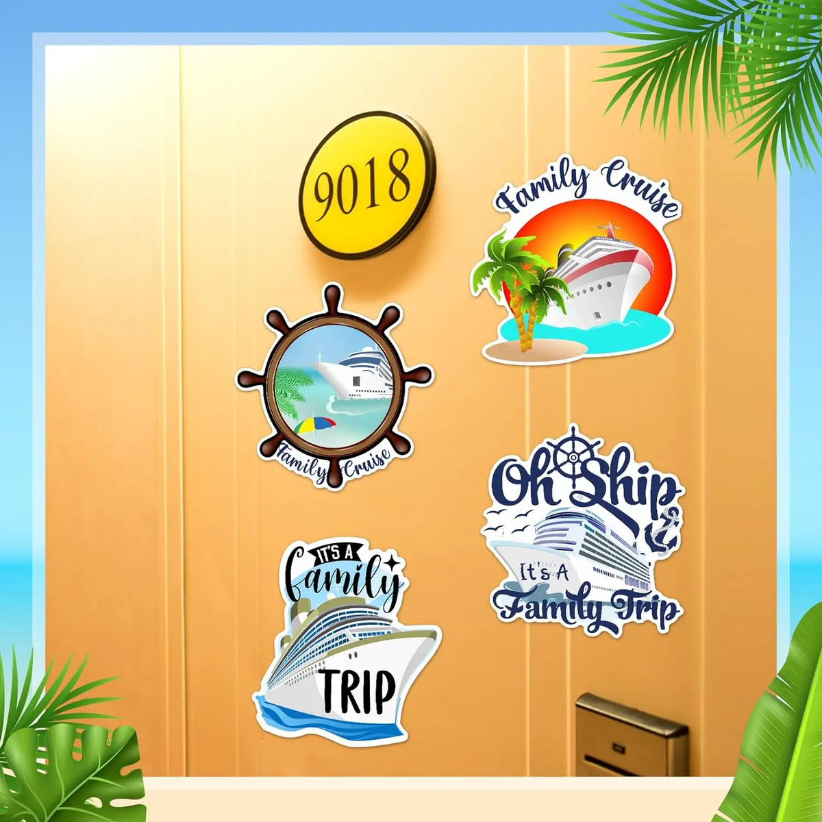 A set of four magnetic cruise door decorations including a yellow number sign, a ship emblem, and a family trip sign.
