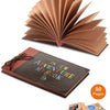 A brown handmade scrapbook album with a cover titled Is Our Adventure Is Our Book, shown open and closed.