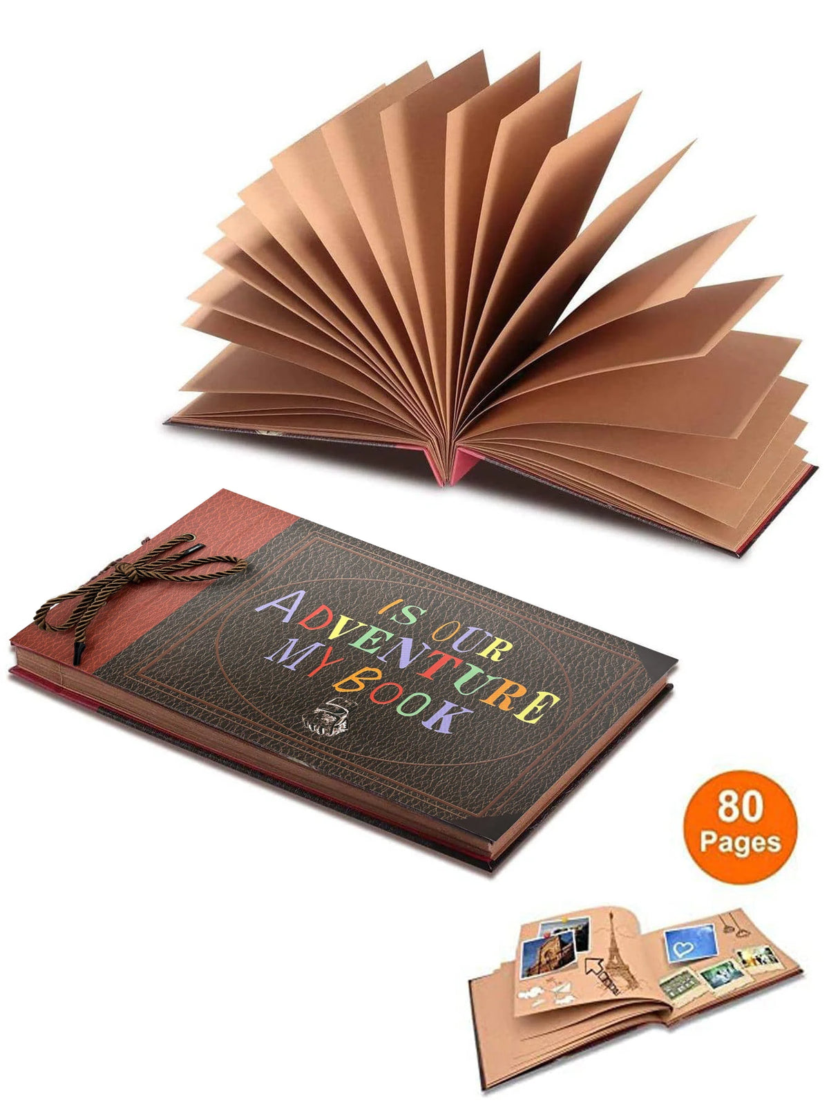 A brown handmade scrapbook album with a cover titled Is Our Adventure Is Our Book, shown open and closed.