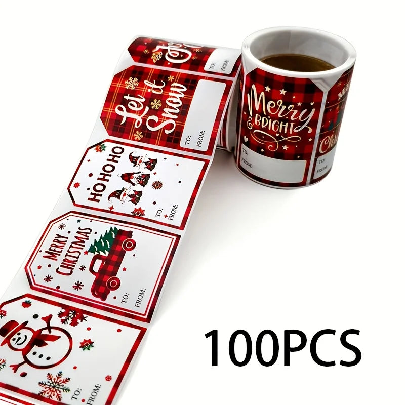 A roll of 100 Christmas themed stickers featuring plaid patterns and holiday greetings like Merry Bright Chi