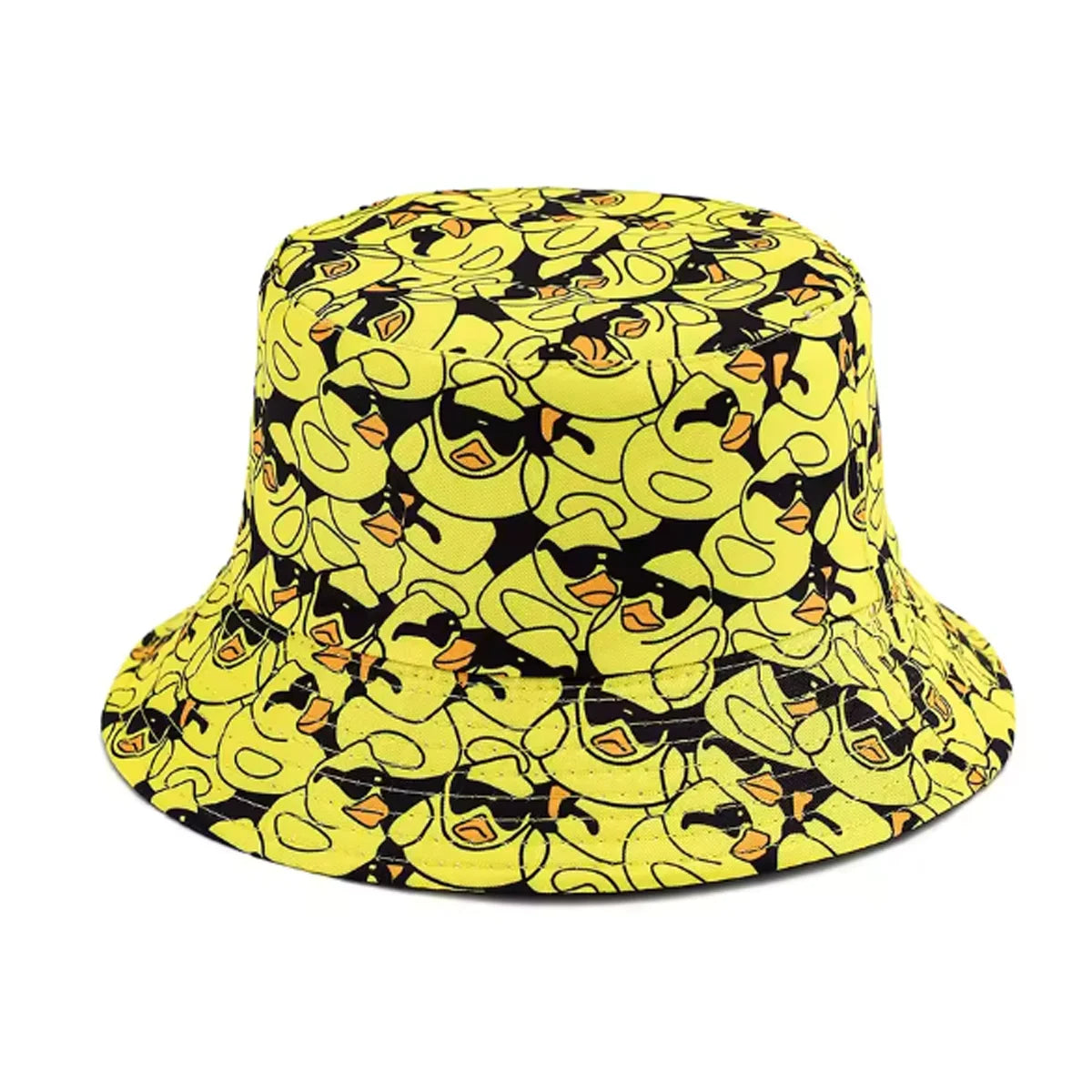 A yellow and black duck print reversible bucket hat.