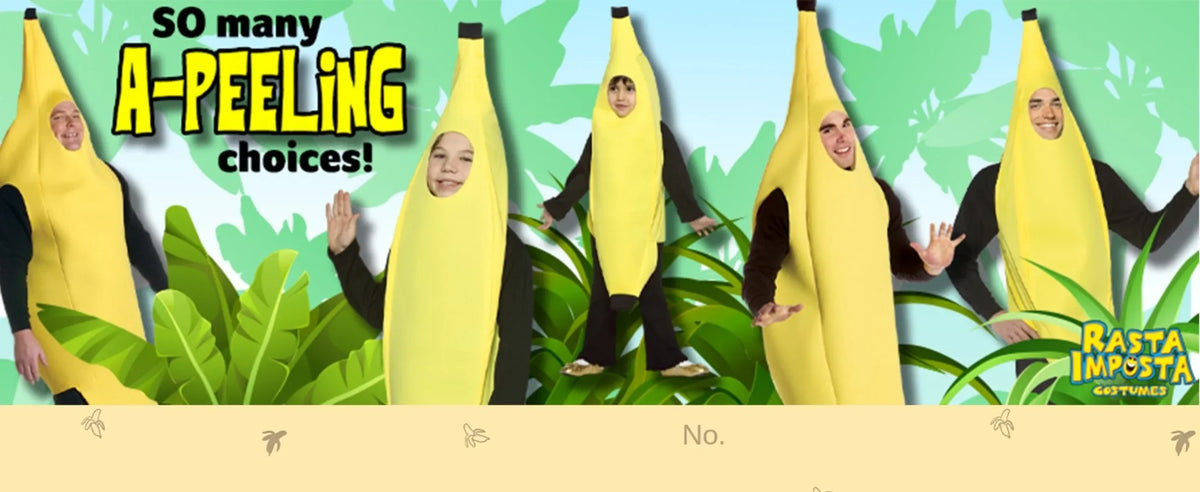 A collage of five children dressed in yellow banana costumes for Halloween