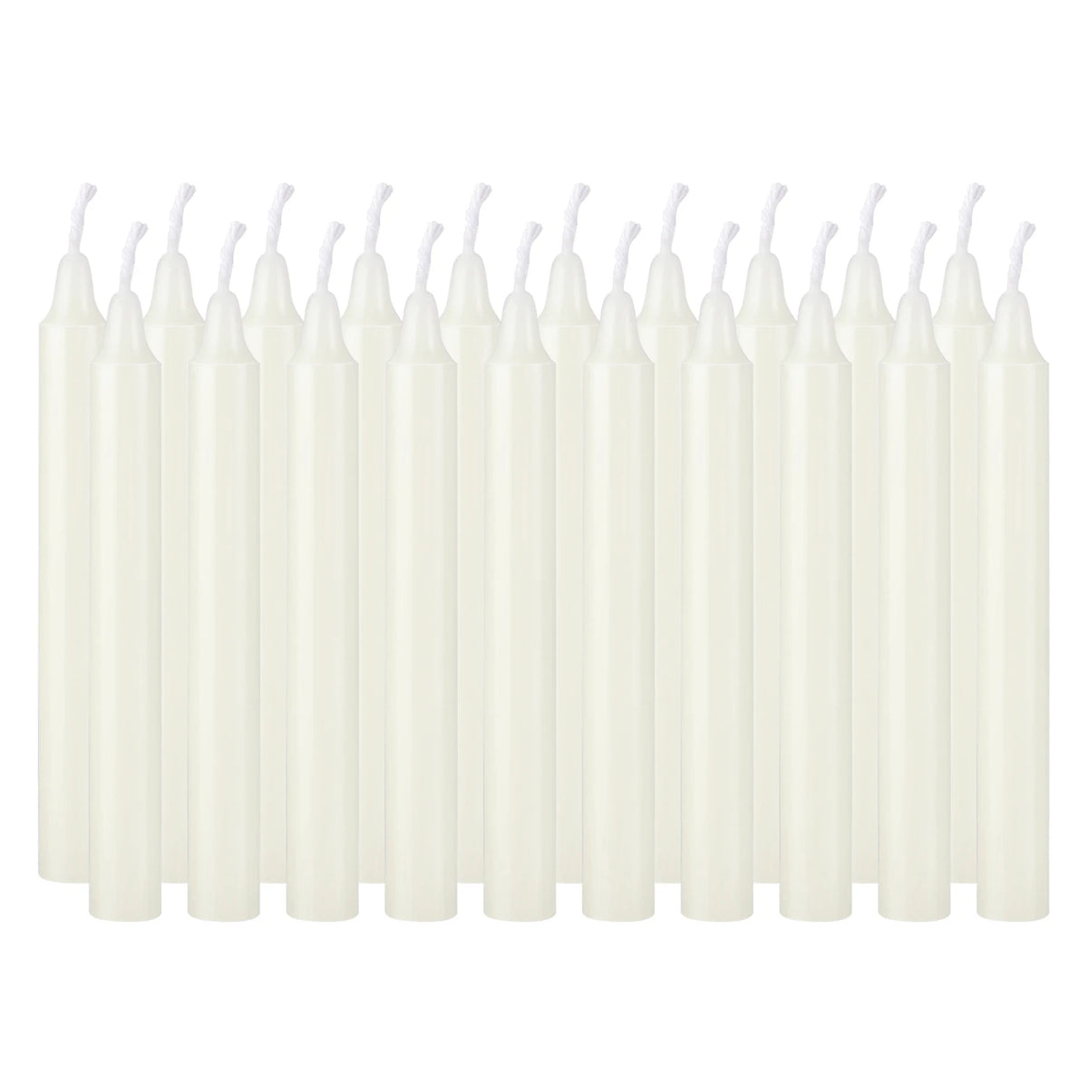 A row of twenty ivory white drip-free stick candles standing upright.