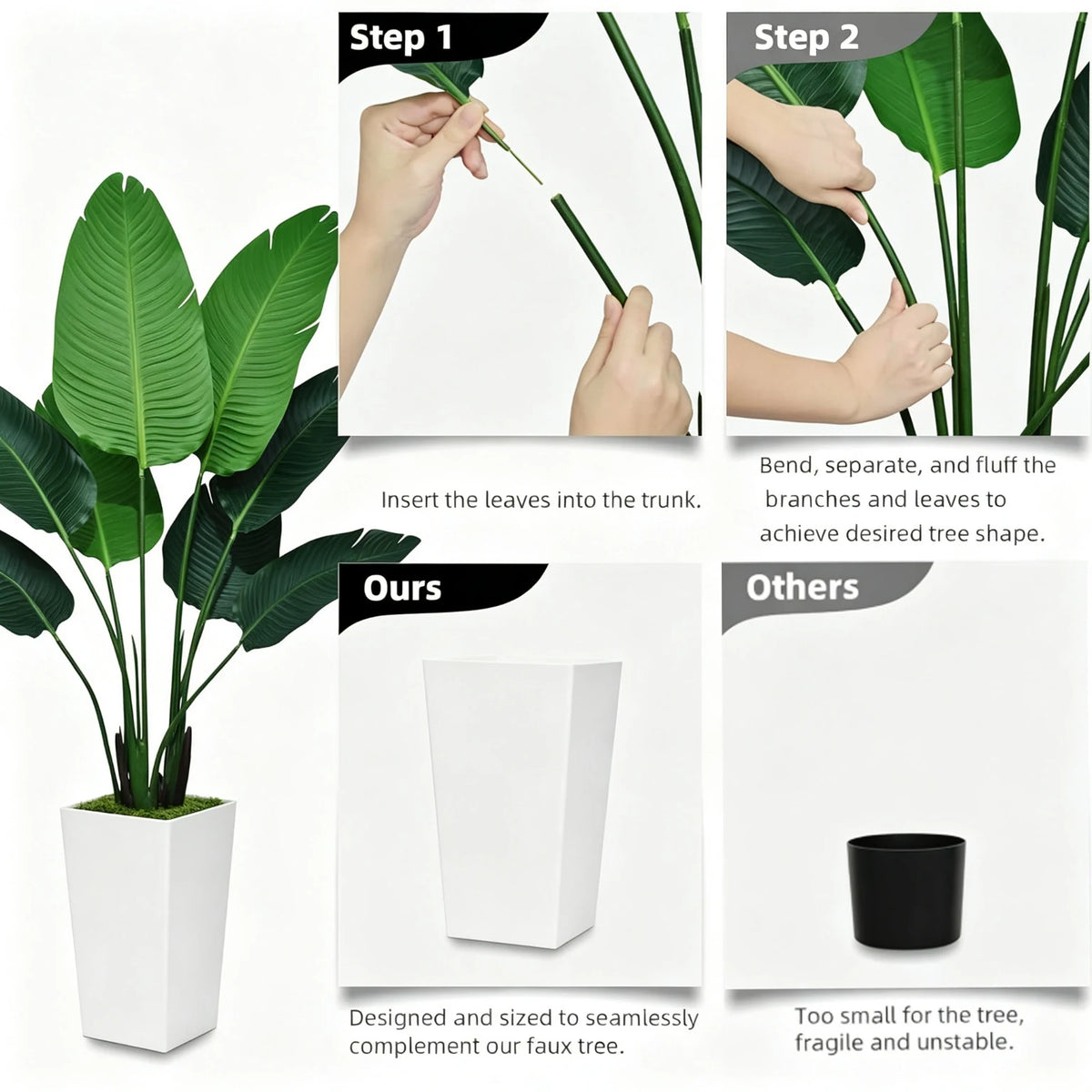 Instructions show how to insert leaves into the trunk of an artificial Bird of Paradise plant for a desired tree shape.