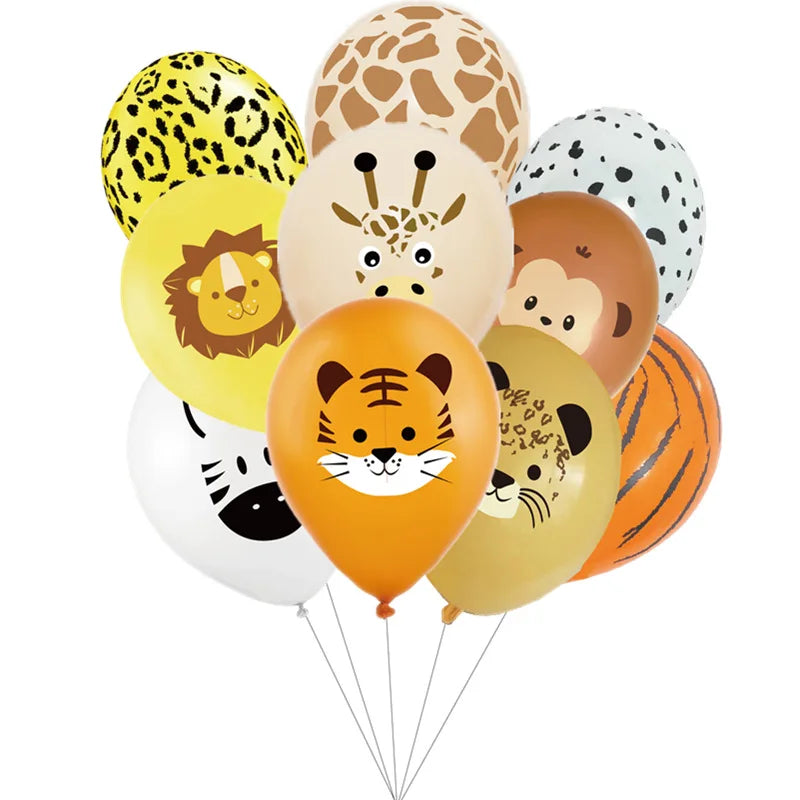 A set of nine latex balloons shaped like various jungle safari animals including a leopard, lion, giraffe, tiger, and monkey.