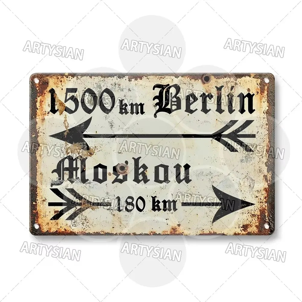 A vintage metal tin sign showing a distance measurement from Berlin to Moscow.
