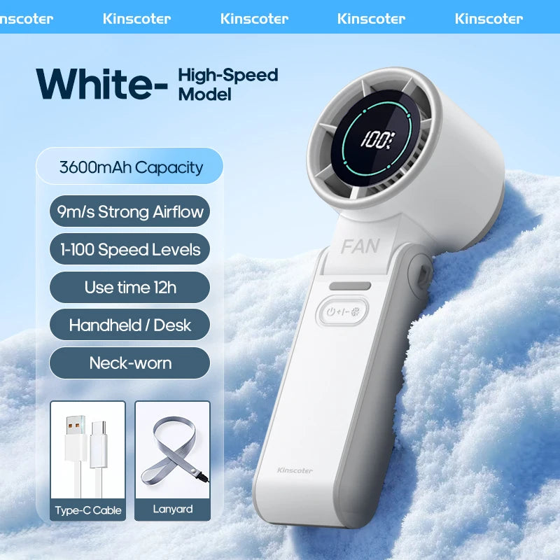 A white Kinscoter high-speed handheld fan is shown next to a Type-C cable and a lanyard, set against a snowy background.
