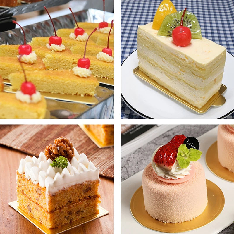 A close-up of a layered cake on a metallic gold serving board with fresh fruit garnish.