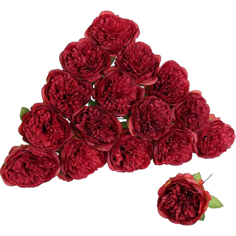 A cluster of deep red silk peony artificial flowers with stems.