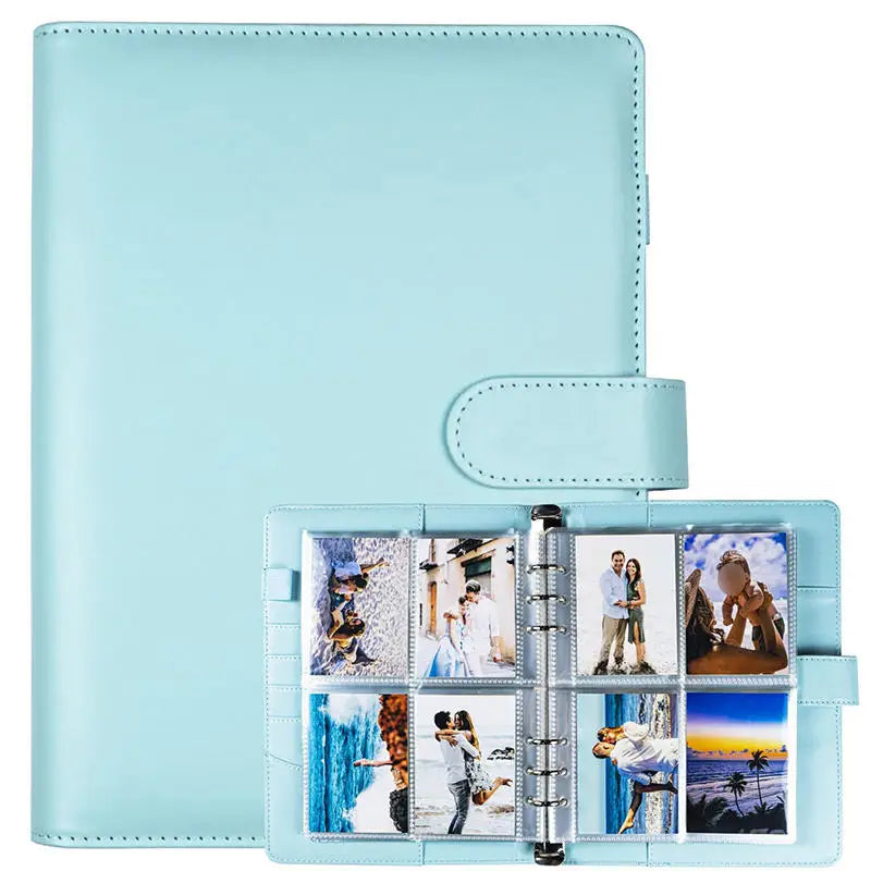 A light blue A5 PU leather photocard binder with a clear plastic sleeve displaying various photos.