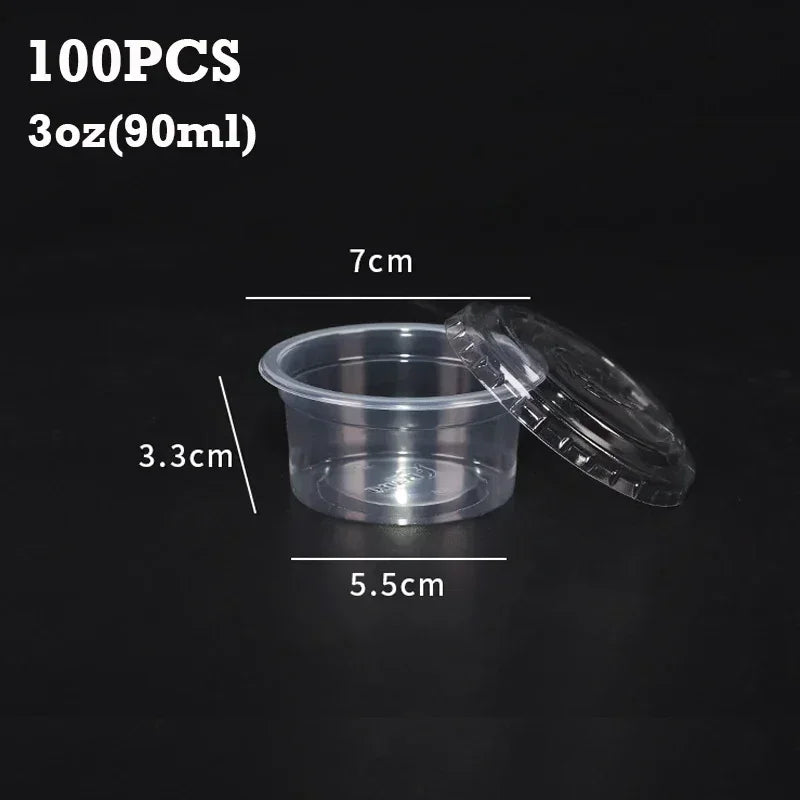 A clear plastic sauce cup with a lid is shown next to dimension lines, indicating its size and capacity.