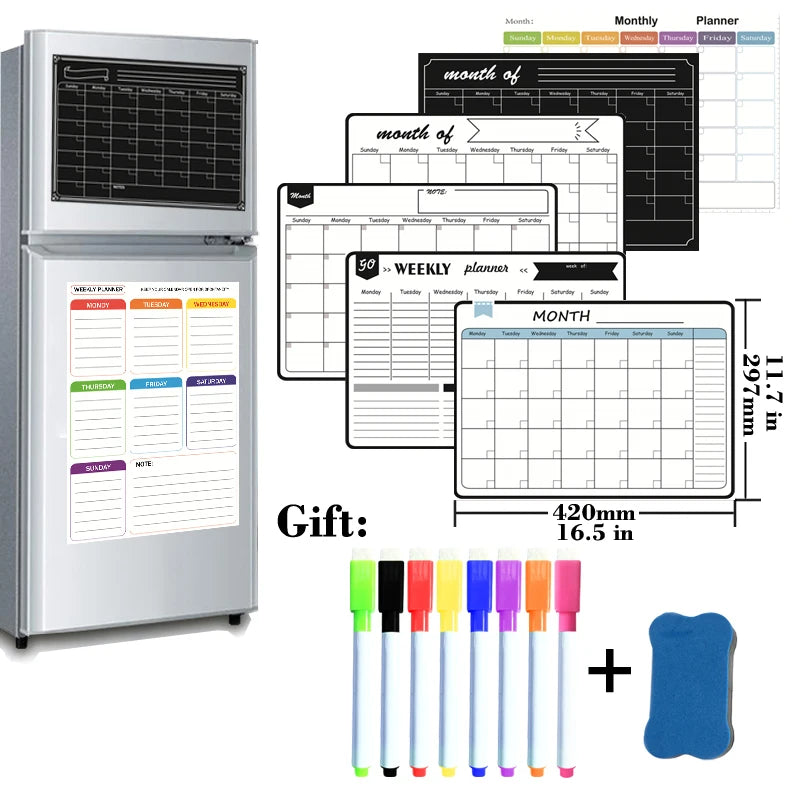 A set of A3 magnetic dry erase planners and markers for weekly calendar organization