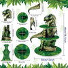 A three-tier dinosaur cupcake stand for party decor showing various sizes and angles of the product.
