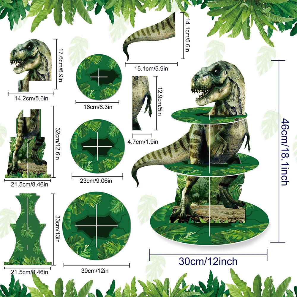 A three-tier dinosaur cupcake stand for party decor showing various sizes and angles of the product.