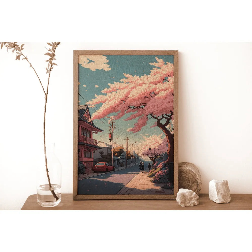 Frameless Japanese tree art canvas print featuring pink blossoms against a cityscape background