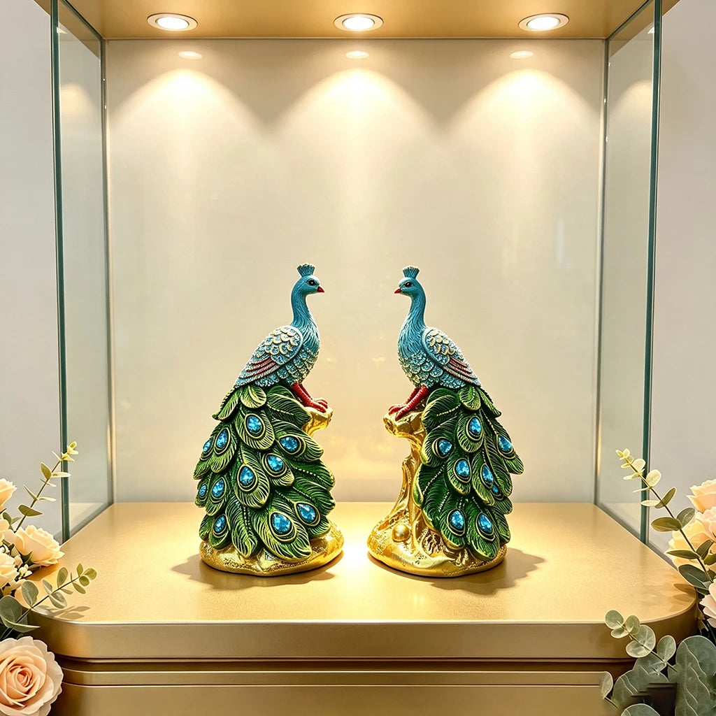 Elegant peacock statue with green and blue crystal tail feathers displayed on a golden pedestal.