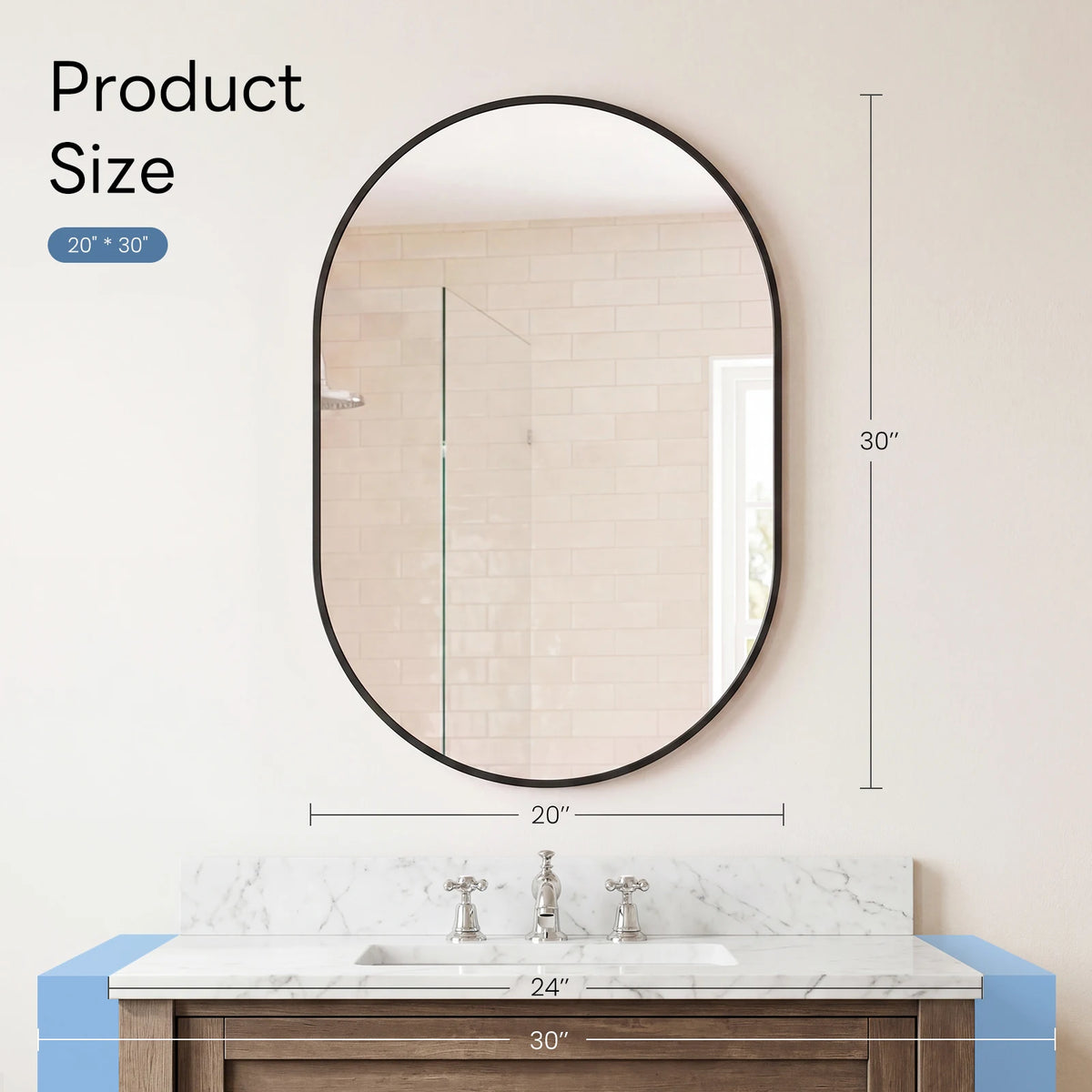 Oval wall mirror with a black metal frame mounted above a marble vanity countertop.