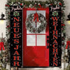 A festive Christmas door banner featuring German holiday greetings on a red door with a wreath.