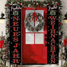 A festive Christmas door banner featuring German holiday greetings on a red door with a wreath.