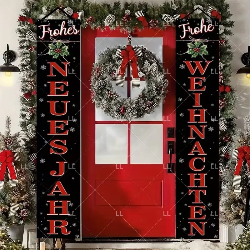 A festive Christmas door banner featuring German holiday greetings on a red door with a wreath.
