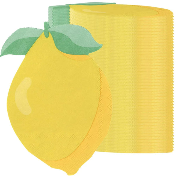 A stack of yellow lemon-shaped disposable cocktail napkins with green leaves.