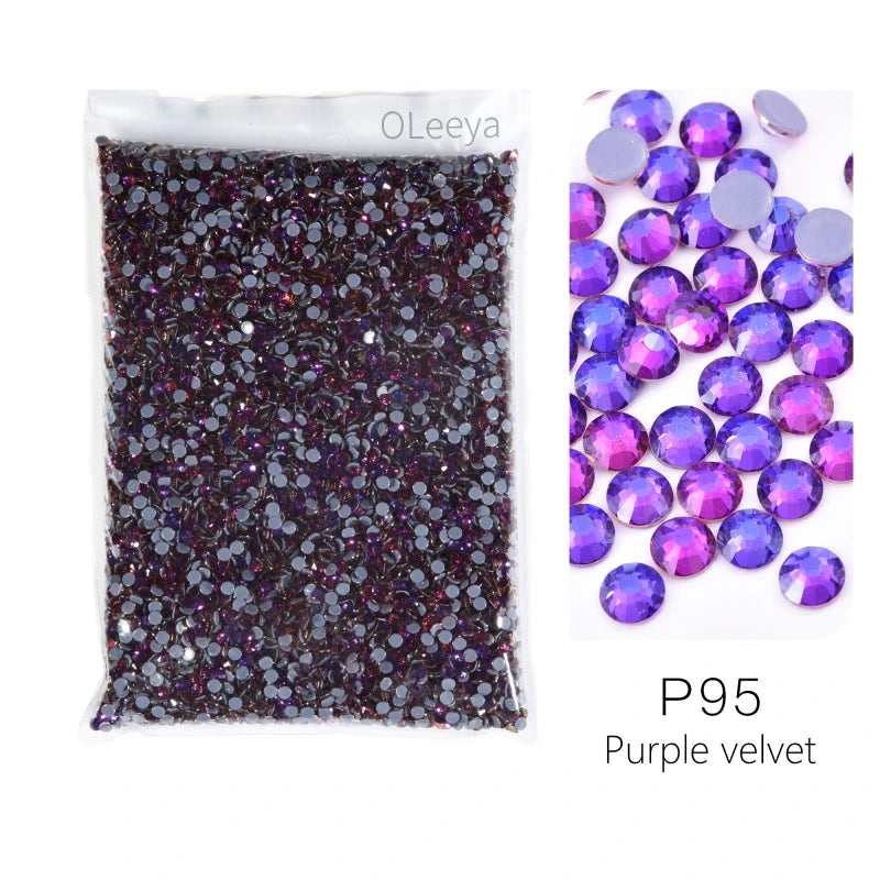 Bag of P95 purple velvet hotfix glass rhinestones crystals mixed sizes