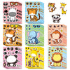 A collection of cartoon animal puzzle stickers featuring tigers, cats, elephants, and lions on pink and blue backgrounds.