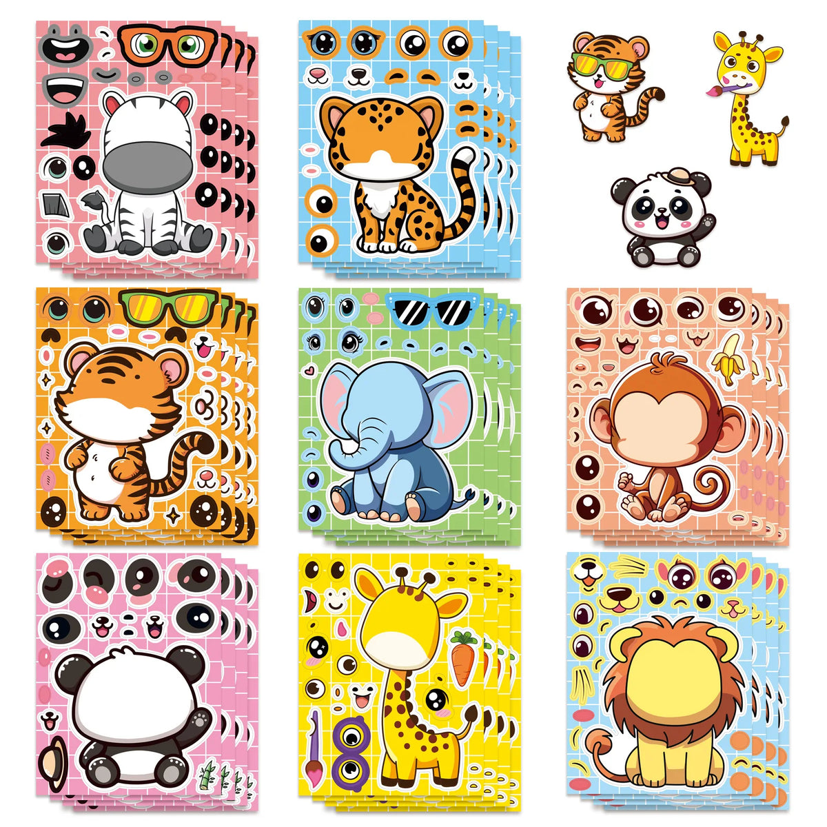 A collection of cartoon animal puzzle stickers featuring tigers, cats, elephants, and lions on pink and blue backgrounds.