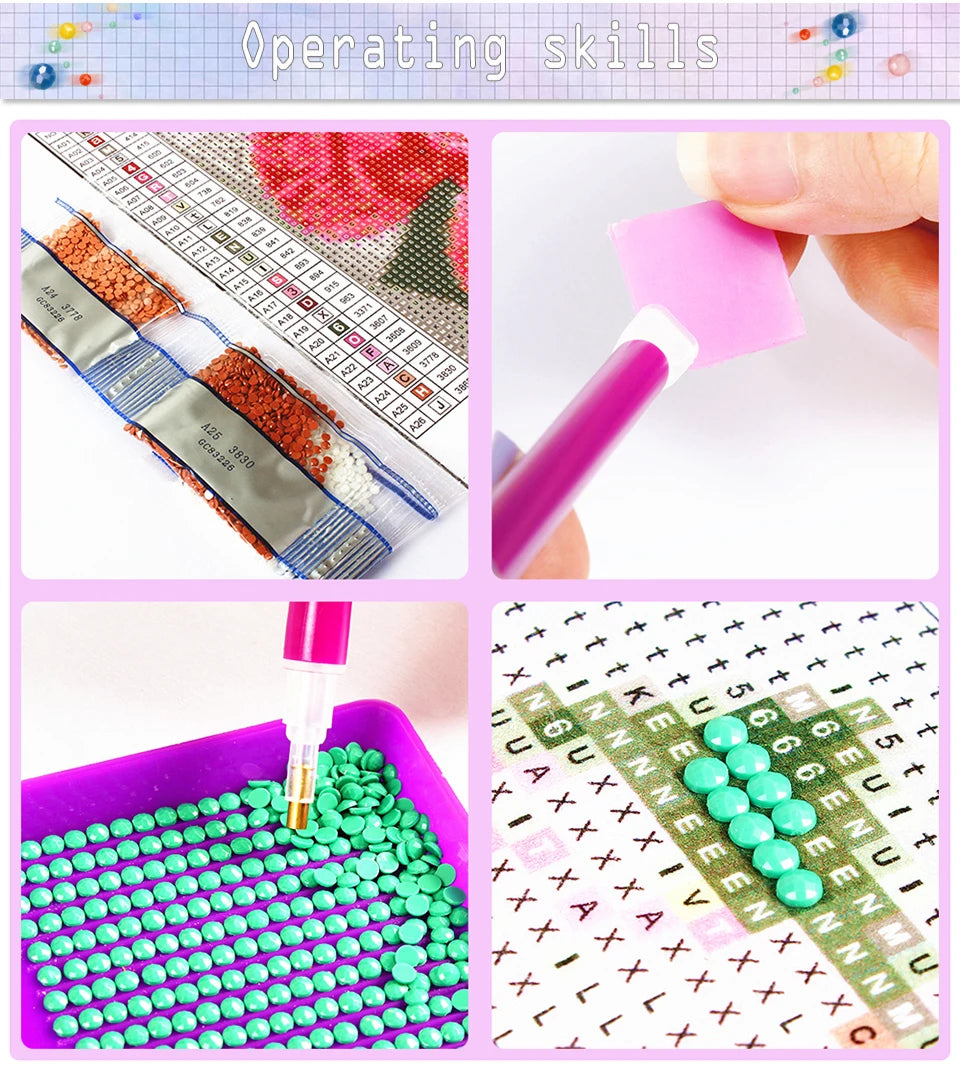 A diamond painting kit showing various colored beads and a grid pattern for creating a picture.
