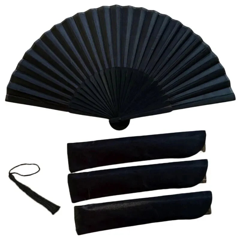 Classic black folding hand fan with a bamboo frame shown flat.