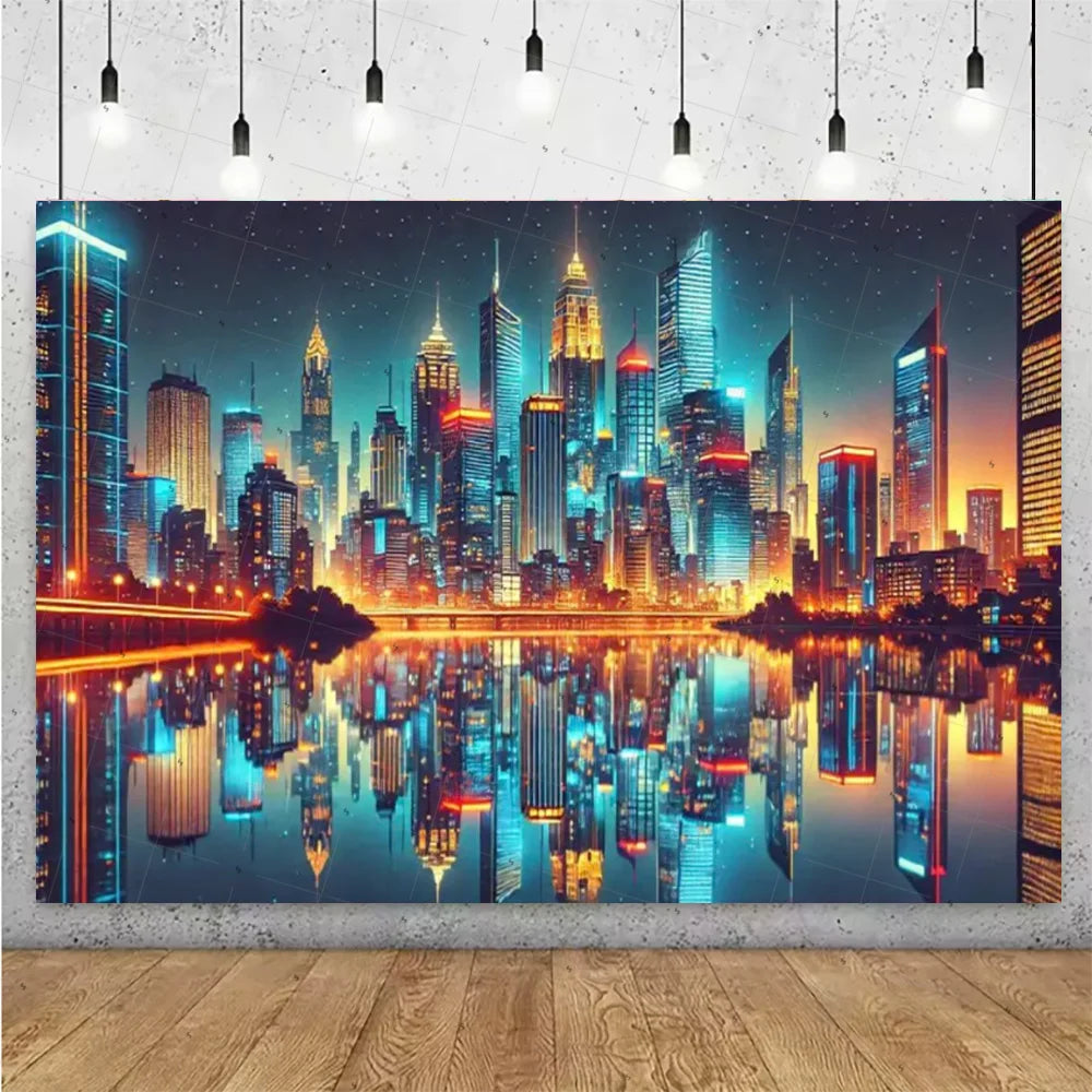 A photograph of a vibrant night city skyline with illuminated skyscrapers reflected in calm water.