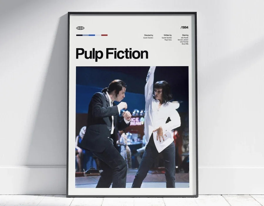 A framed poster titled Pulp Fiction featuring a scene from the movie.